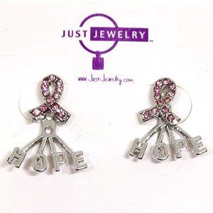 Just Jewelry Pink Rhinestone Cancer Ribbon Stud HOPE Ear Jacket Earrings